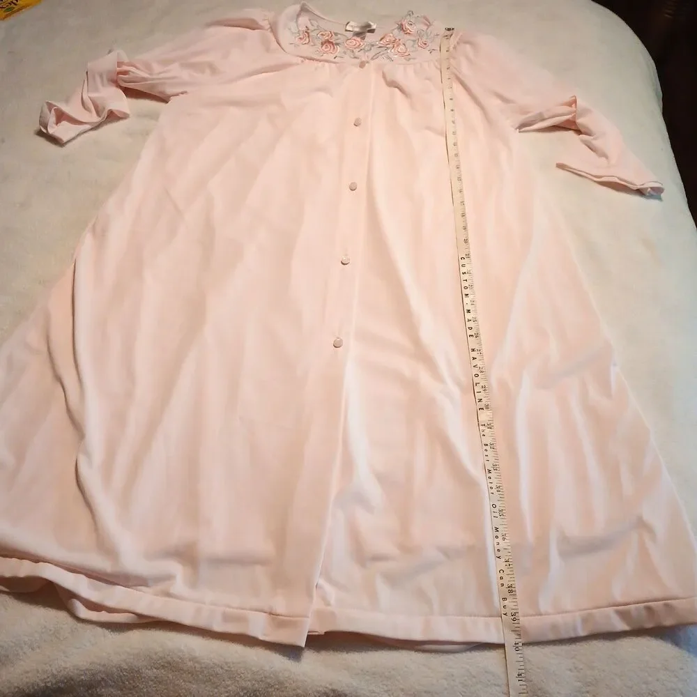 Vtg Shadowline Pink Nightgown & Robe Women’s Embroidery Trim Floral Nylon Size L